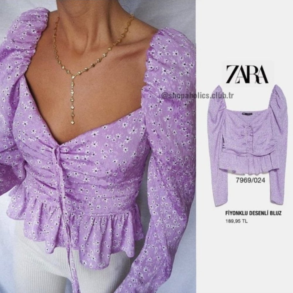 Zara Lilac peplum Top Tied Print Blouse Puff Ruched Ruffle Bloggers Fav